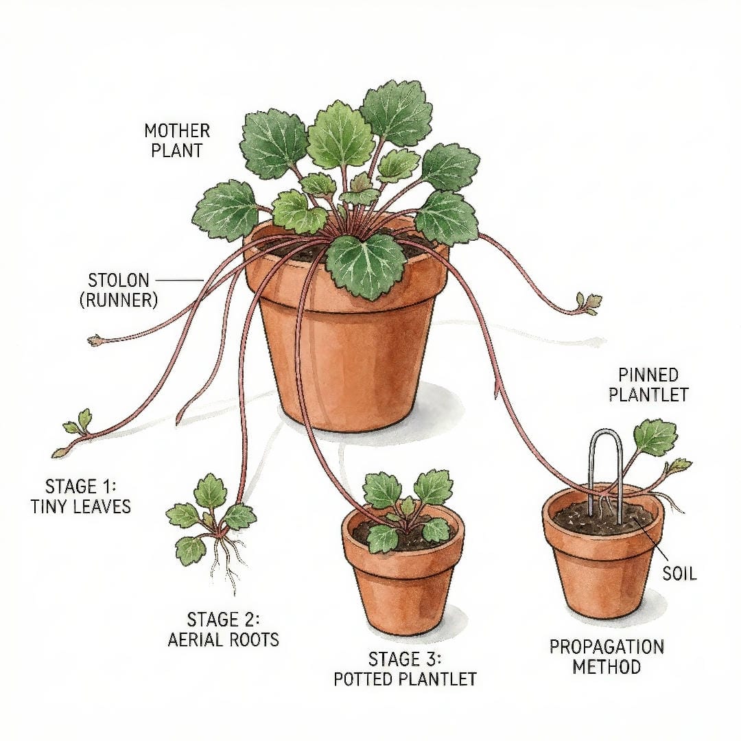 Strawberry Begonia showing stolons with baby plantlets for propagation