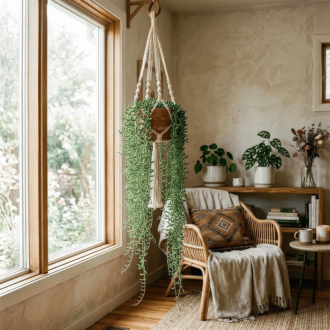 A lush String of Bananas in a hanging macrame planter near a bright window, with long cascading green strands.