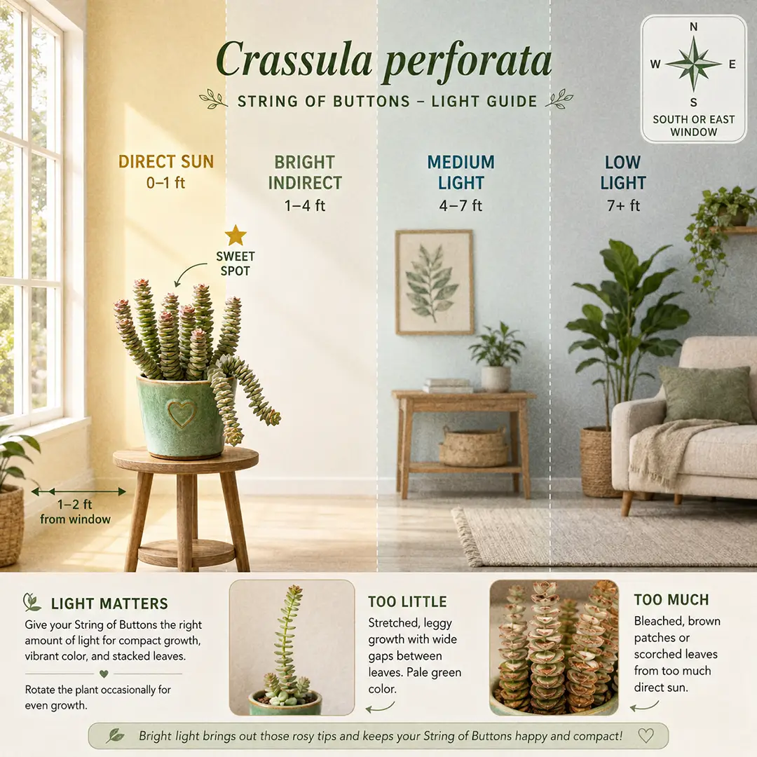 A clean square infographic showing a side-on cross-section of a living room with a window on the left, color-washed light zones on the floor labeled Direct Sun, Bright Indirect, Medium, and Low, and a String of Buttons in a green ceramic pot with a heart motif placed in the sweet spot within two feet of the window where morning sun reaches the plant