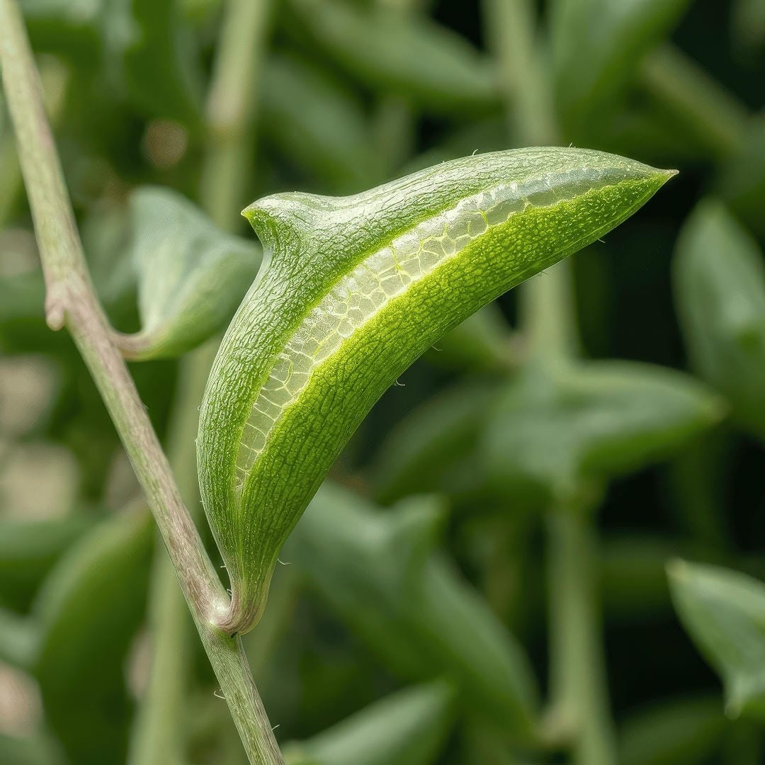A macro photograph highlighting the translucent epidermal window stripe running along the back of a jumping dolphin leaf.