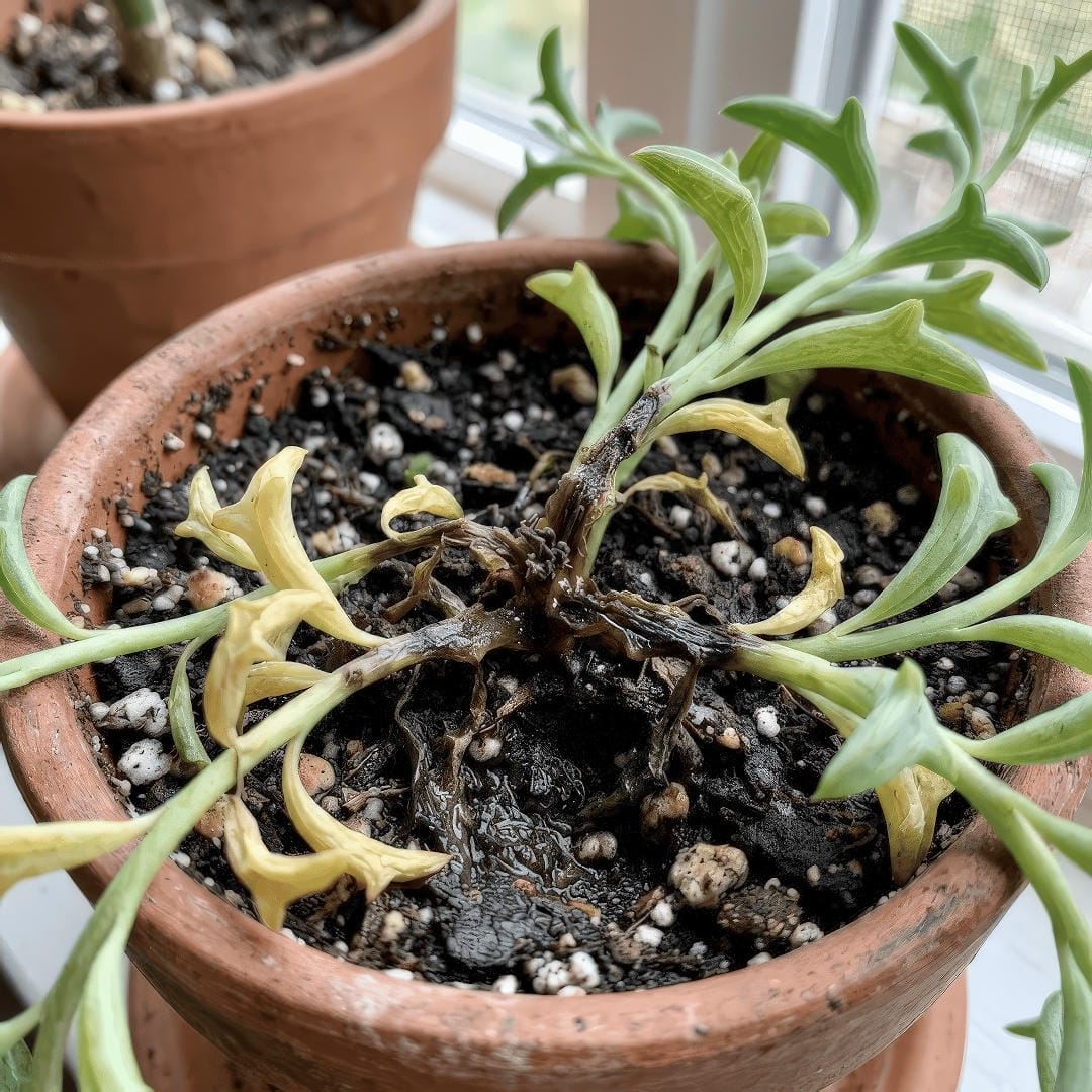 A decaying String of Dolphins plant suffering from root rot, showing mushy, blackened stems right at the soil line with yellowing leaves.