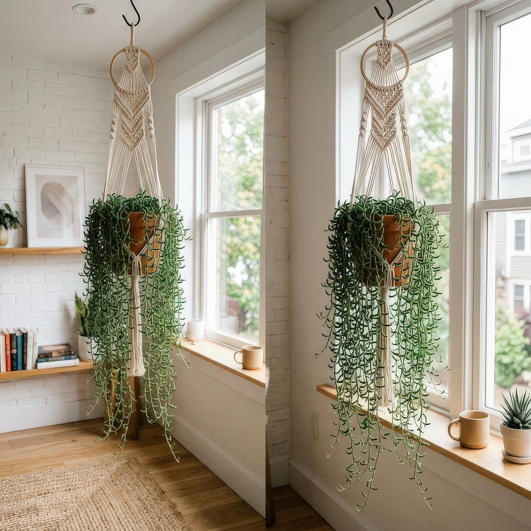 A lush String of Fishhooks in a hanging macrame planter near a bright window, with long cascading green strands.