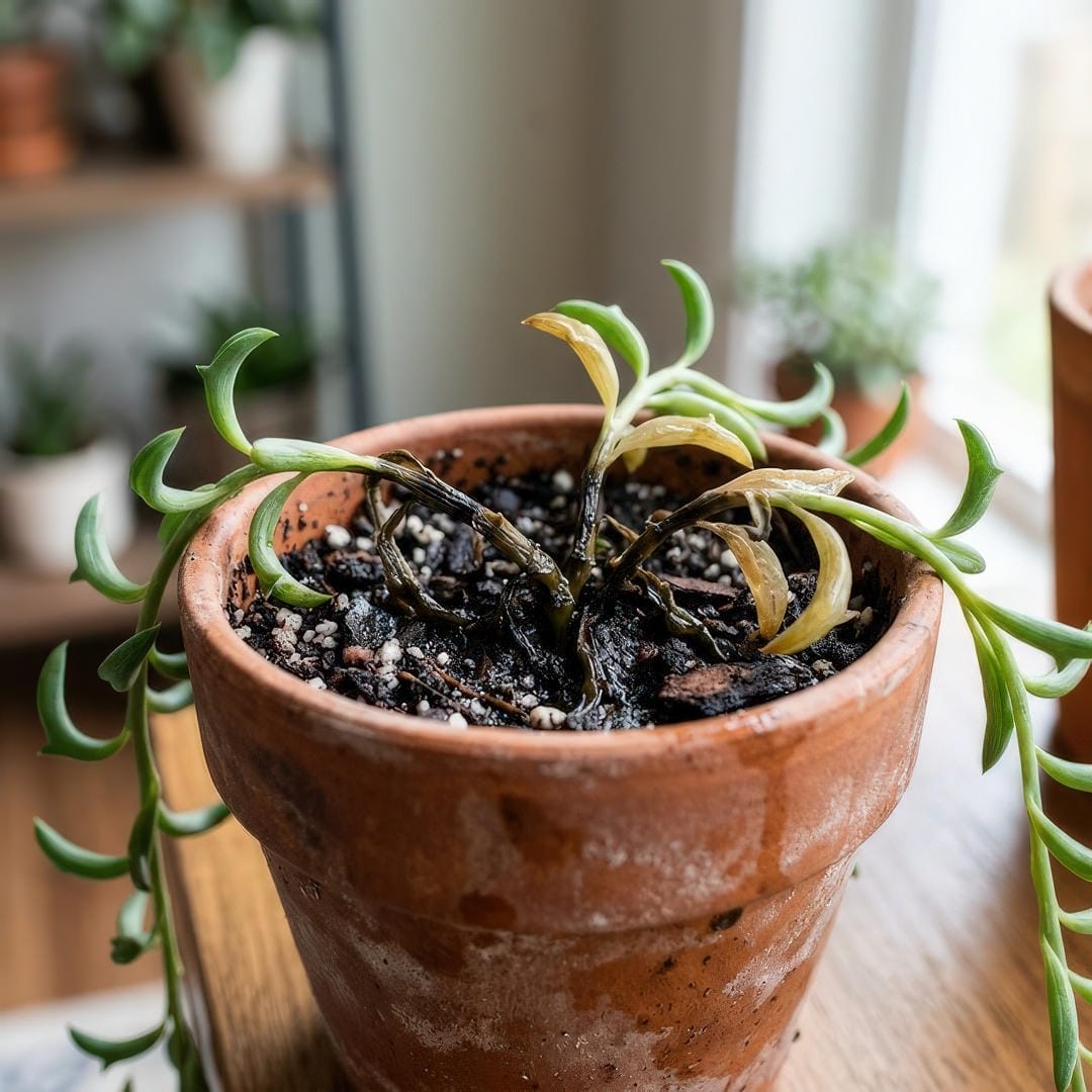 An overwatered String of Fishhooks showing yellowing, mushy stems and signs of root rot at the base.