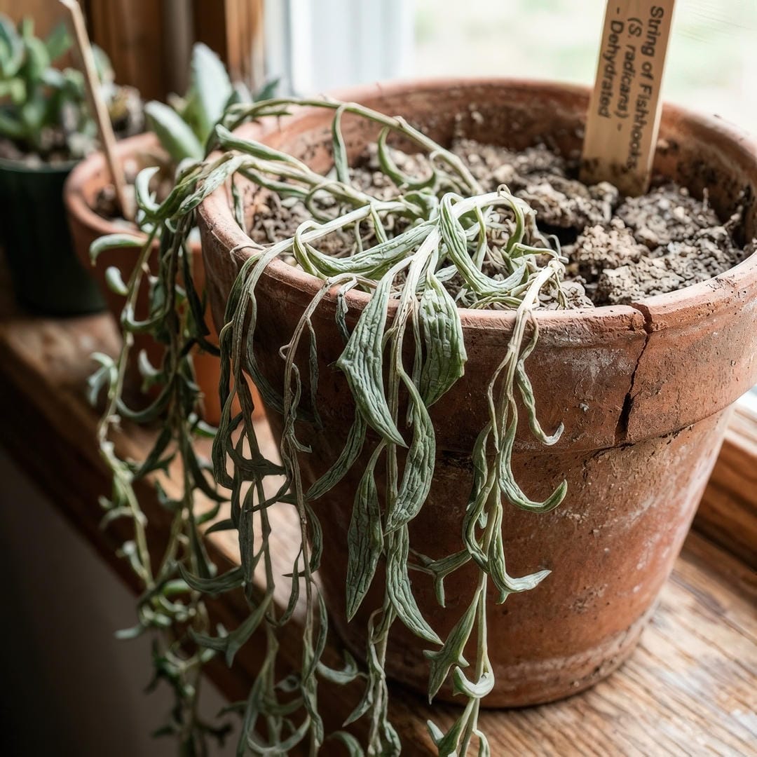 A dehydrated String of Fishhooks with shriveled, wrinkled, deflated hook-shaped leaves and dry soil.