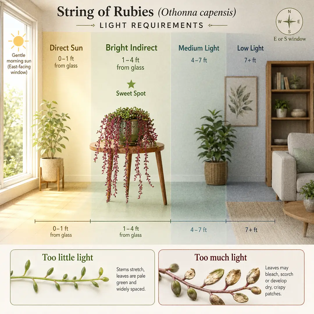 A clean square infographic showing a side-on cross-section of a living room with a window on the left, color-washed light zones on the floor labeled Direct Sun, Bright Indirect, Medium, and Low, and a String of Rubies in a green ceramic pot with a heart motif placed in the sweet spot two to three feet from the window with morning sun reaching the plant