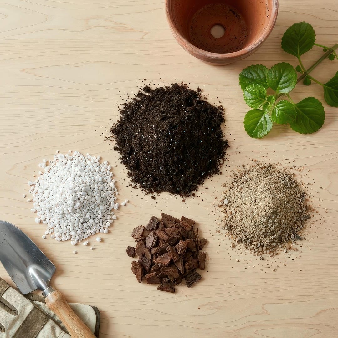 Components of ideal Swedish Ivy potting mix including soil, perlite, and sand