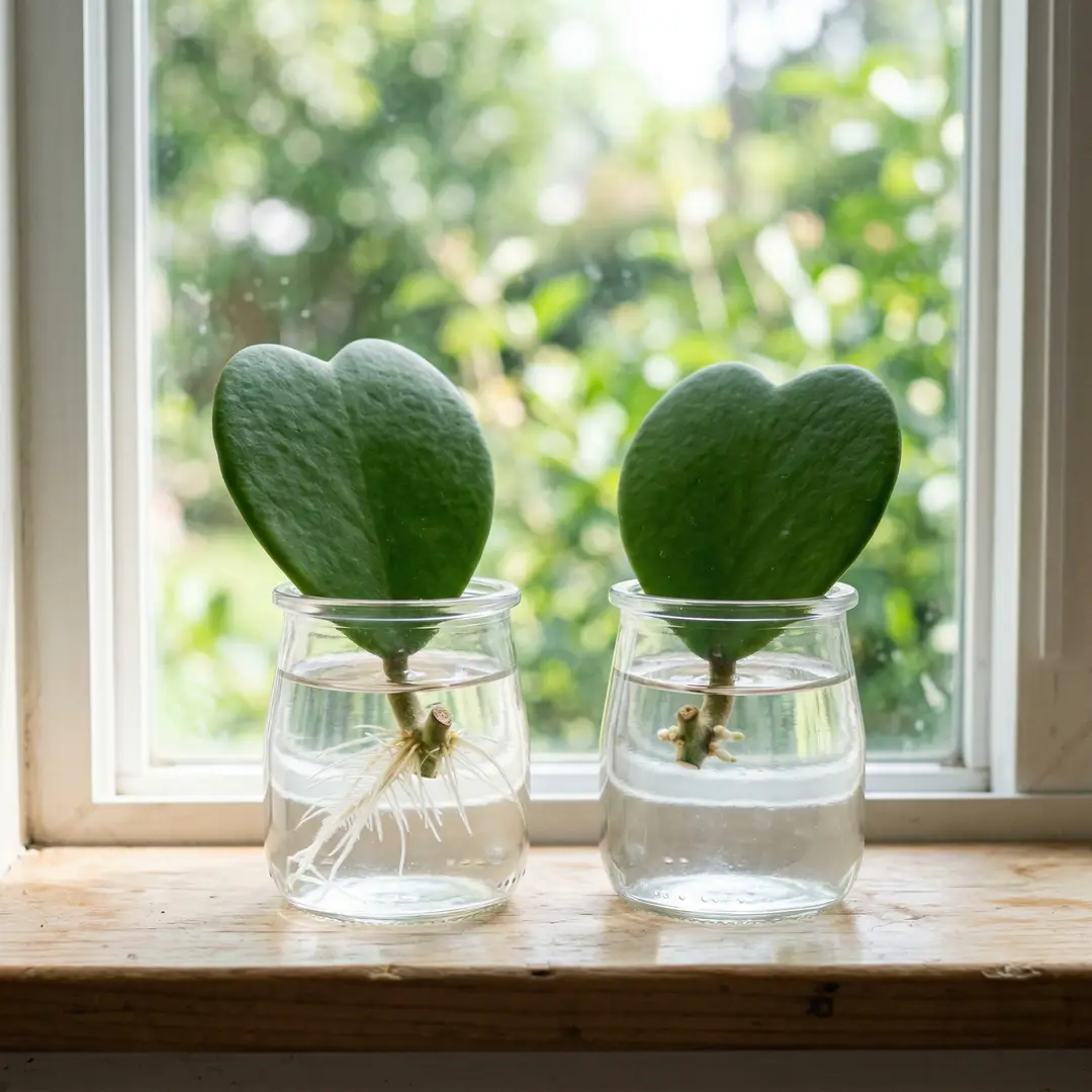 Two Sweetheart Hoya stem cuttings with nodes rooting in small clear glass jars of water on a bright windowsill, each showing a heart-shaped leaf and fine white roots emerging from the submerged node section