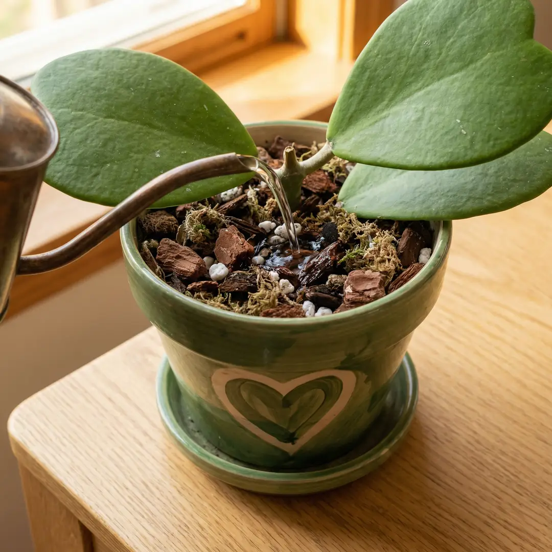 Close-up of a Sweetheart Hoya in a green ceramic pot with a heart motif being watered at soil level from a slender-spouted watering can