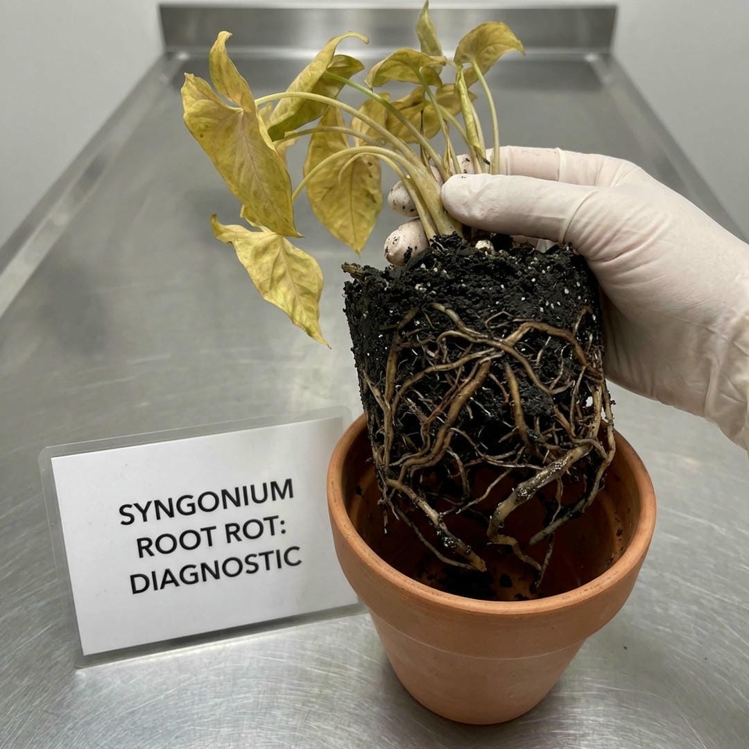 Diagnostic photo of mushy, dark rotted Syngonium roots