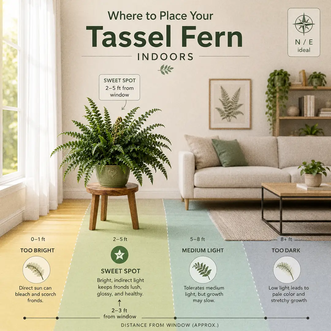A labeled square light-zone diagram showing a Tassel Fern placed in the sweet spot two feet from a north or east window, with too-bright, sweet-spot, and too-dark zones color-washed across the floor, a small compass marking the ideal window directions, and tiny icons warning about scorched tips in direct sun and pale stretched fronds in deep shade