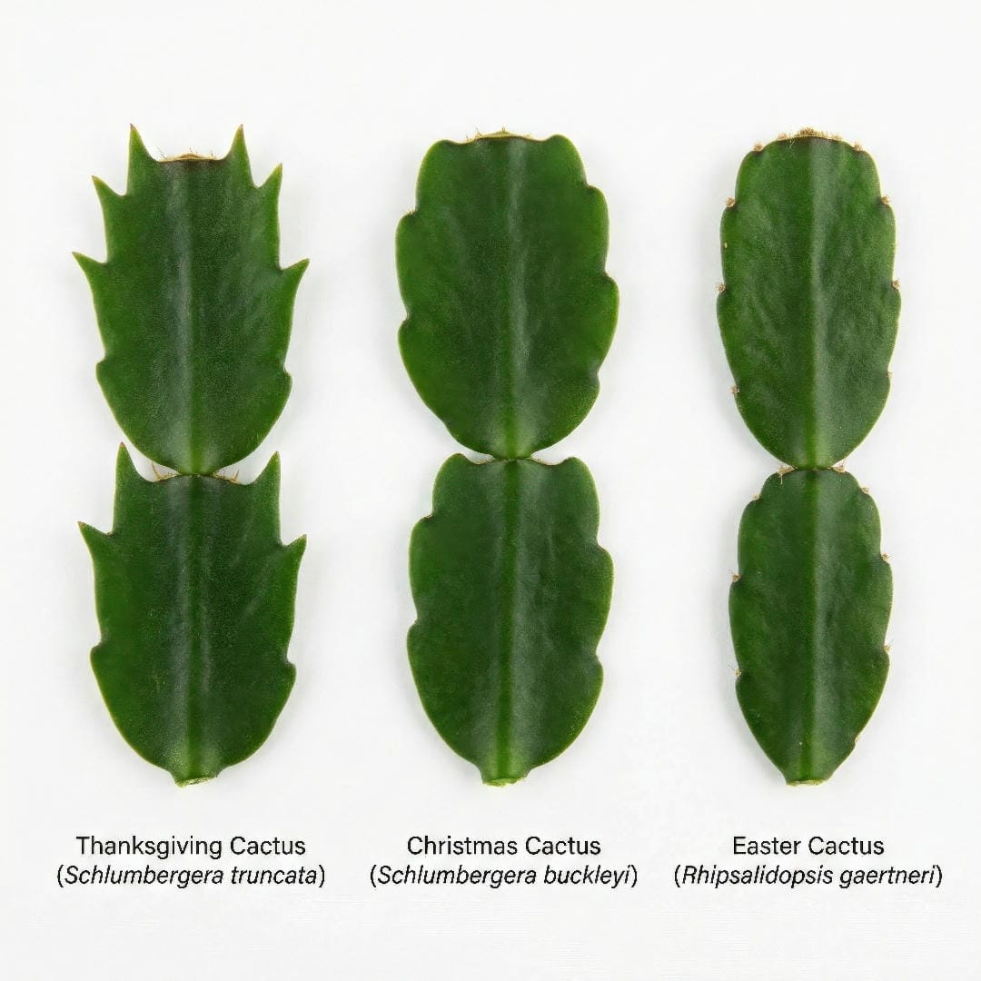 Side-by-side comparison of Thanksgiving Cactus pointed claw-shaped segments, Christmas Cactus rounded scalloped segments, and Easter Cactus smooth bumped segments