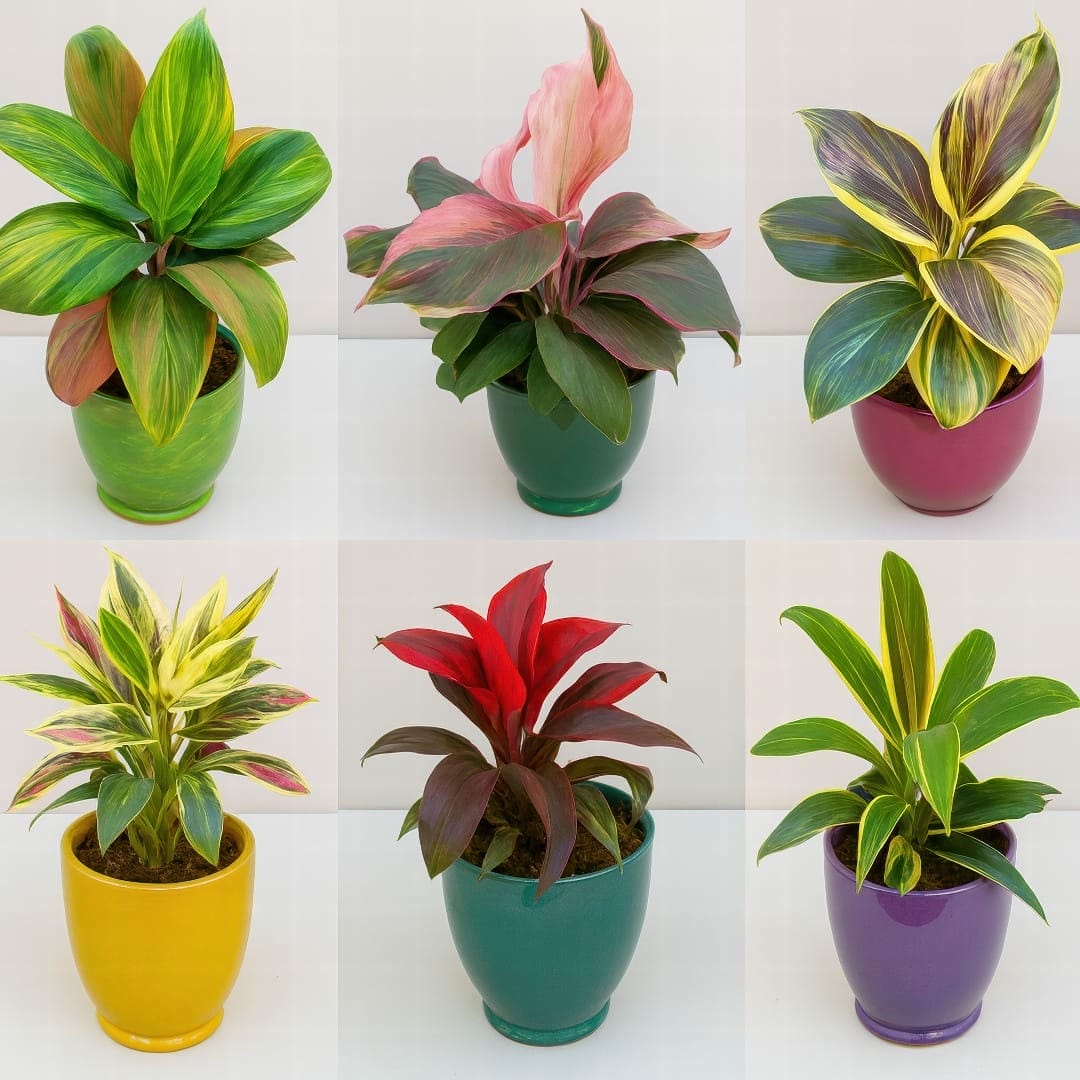 A collection of different Ti Plant varieties showing a range of foliage colors from pink to deep red and green.