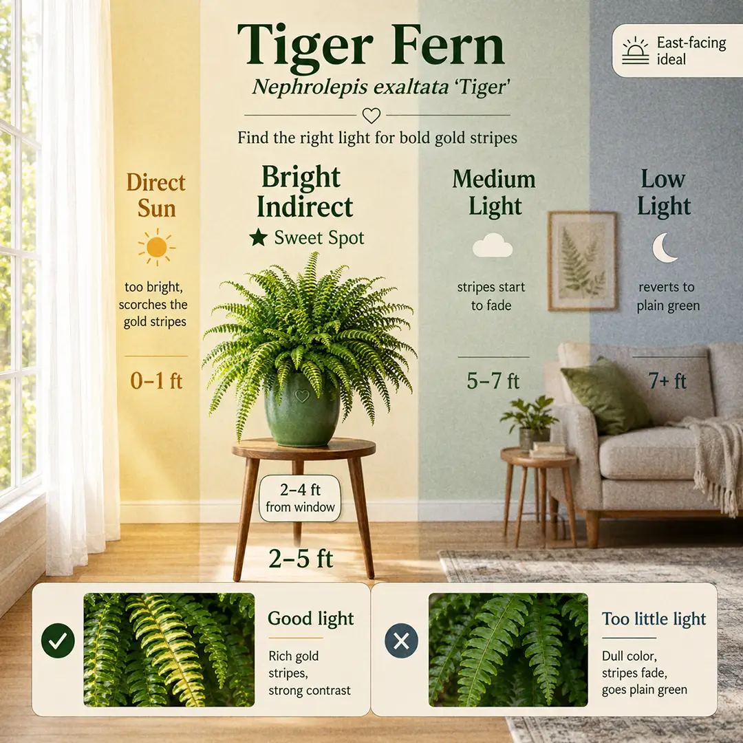 Light placement guide for a Tiger Fern showing the ideal distance from a bright window with too-dark, just-right, and too-bright zones marked