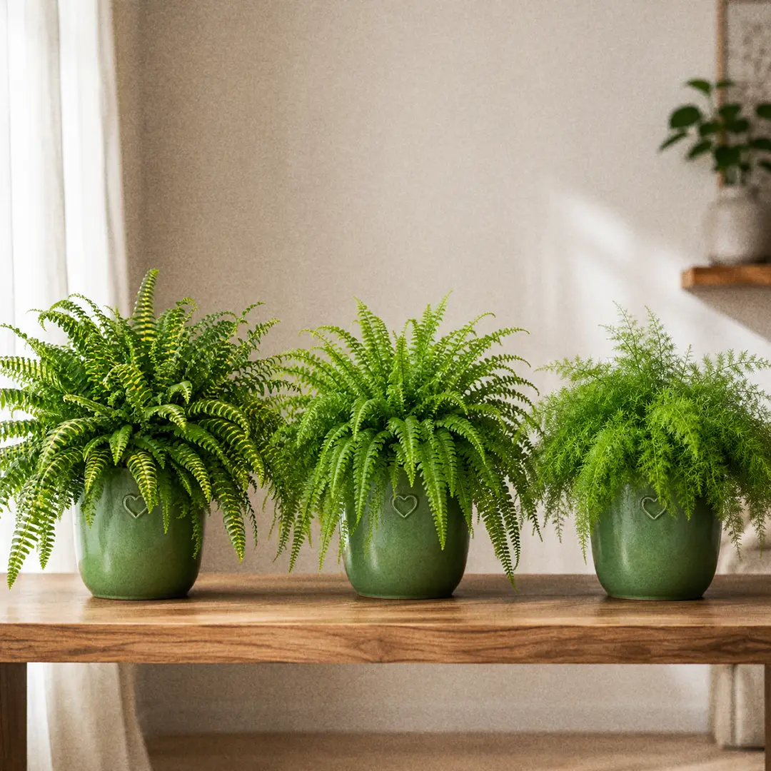 Three Boston Fern cultivars side by side in matching green ceramic pots with a heart motif: a gold-striped Tiger Fern, an all-green classic Boston Fern, and a finely divided Cotton Candy Fern