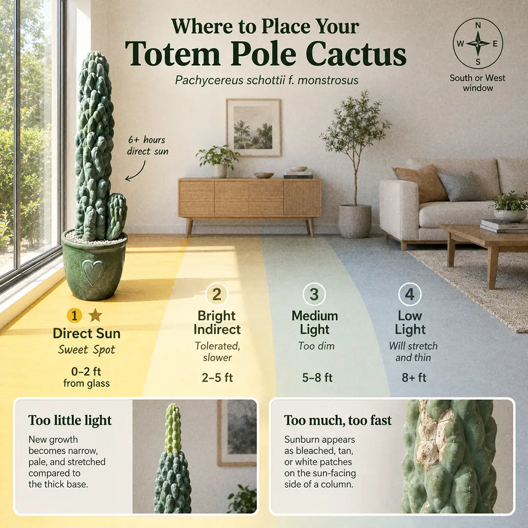 A light placement diagram for the Totem Pole Cactus showing a cross-section of a bright room with the spineless knobby cactus in a green ceramic pot with a heart motif placed in the direct sun zone right against a south or west window, with labeled distance zones for direct sun, bright indirect, medium and low light, plus small panels showing stretched pale growth from too little light and bleached tan scorch patches from too much