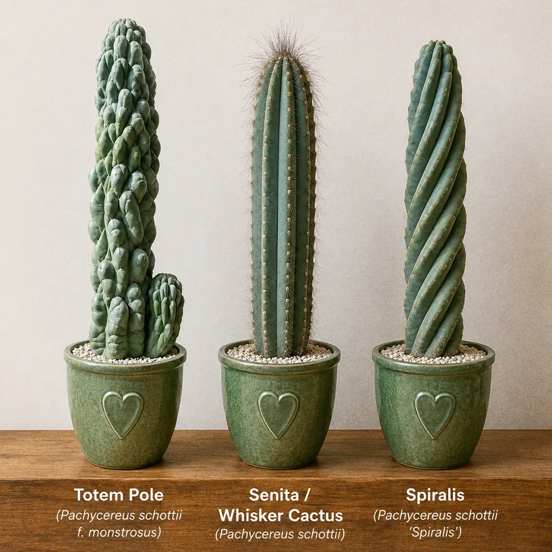 Three spineless columnar cacti side by side in matching green ceramic pots with heart motifs on a wooden shelf, showing a knobby monstrose Totem Pole, a ribbed Senita with a shaggy gray bristle crown, and a slim spiral-ribbed form