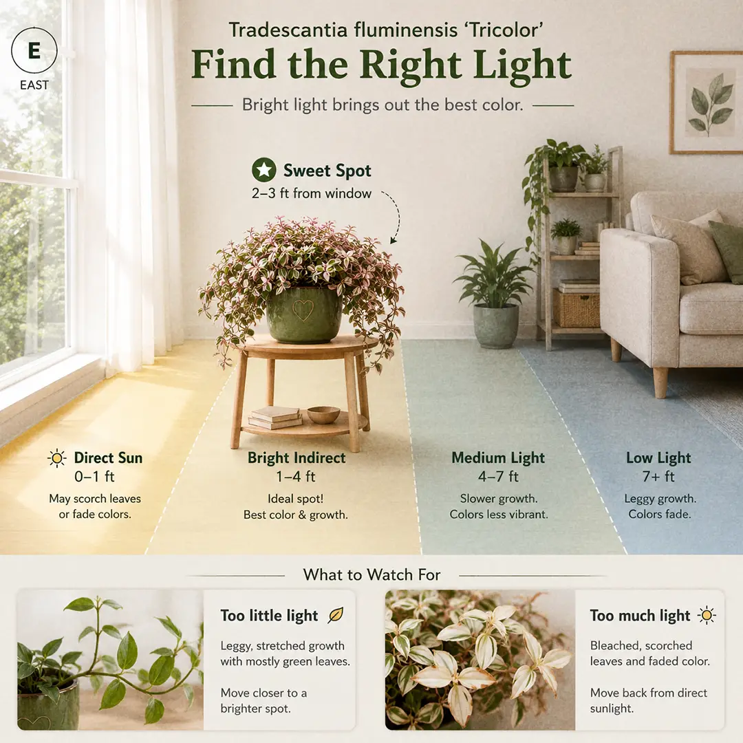 A pinnable light placement diagram for Tradescantia Fluminensis showing ideal bright indirect position a few feet from an east window, with too-dark and too-bright zones labeled