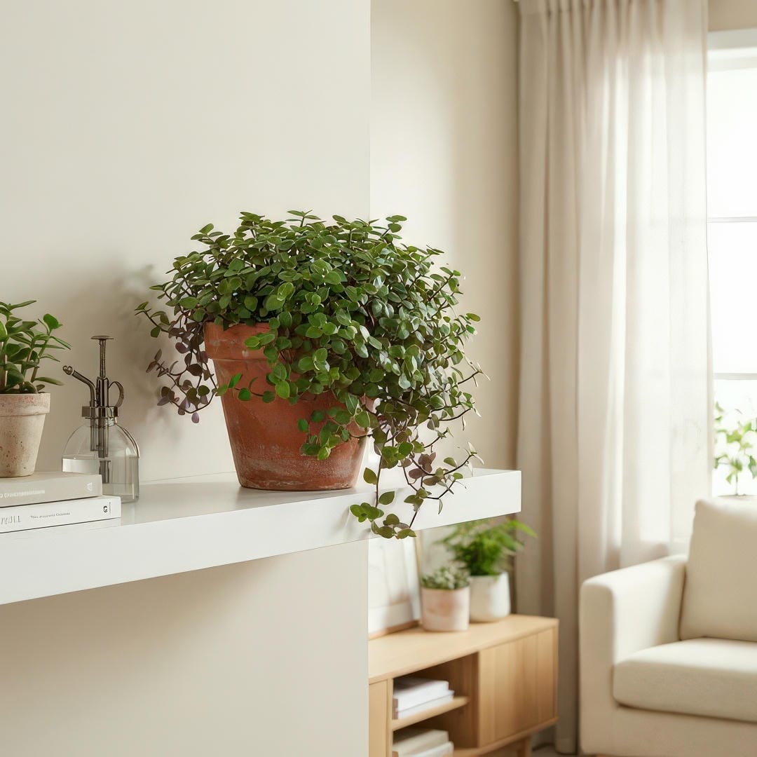 Turtle Vine positioned near bright window showing compact healthy growth with purple leaf undersides