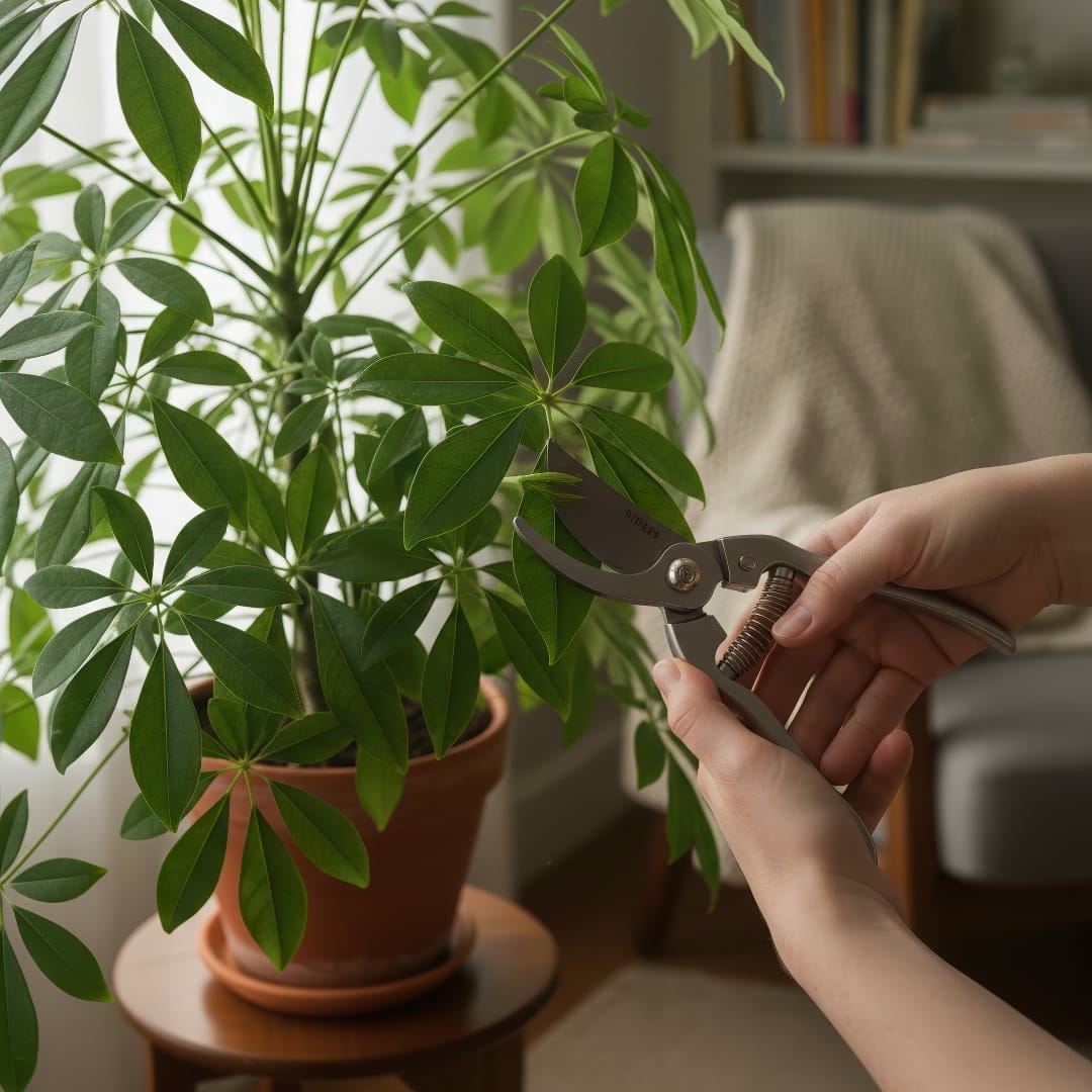 A person pruning a leggy stem on an Umbrella Plant to encourage bushier growth.