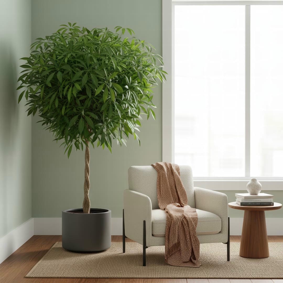 A large Umbrella Plant used as a statement floor plant in a stylish, bright living room.