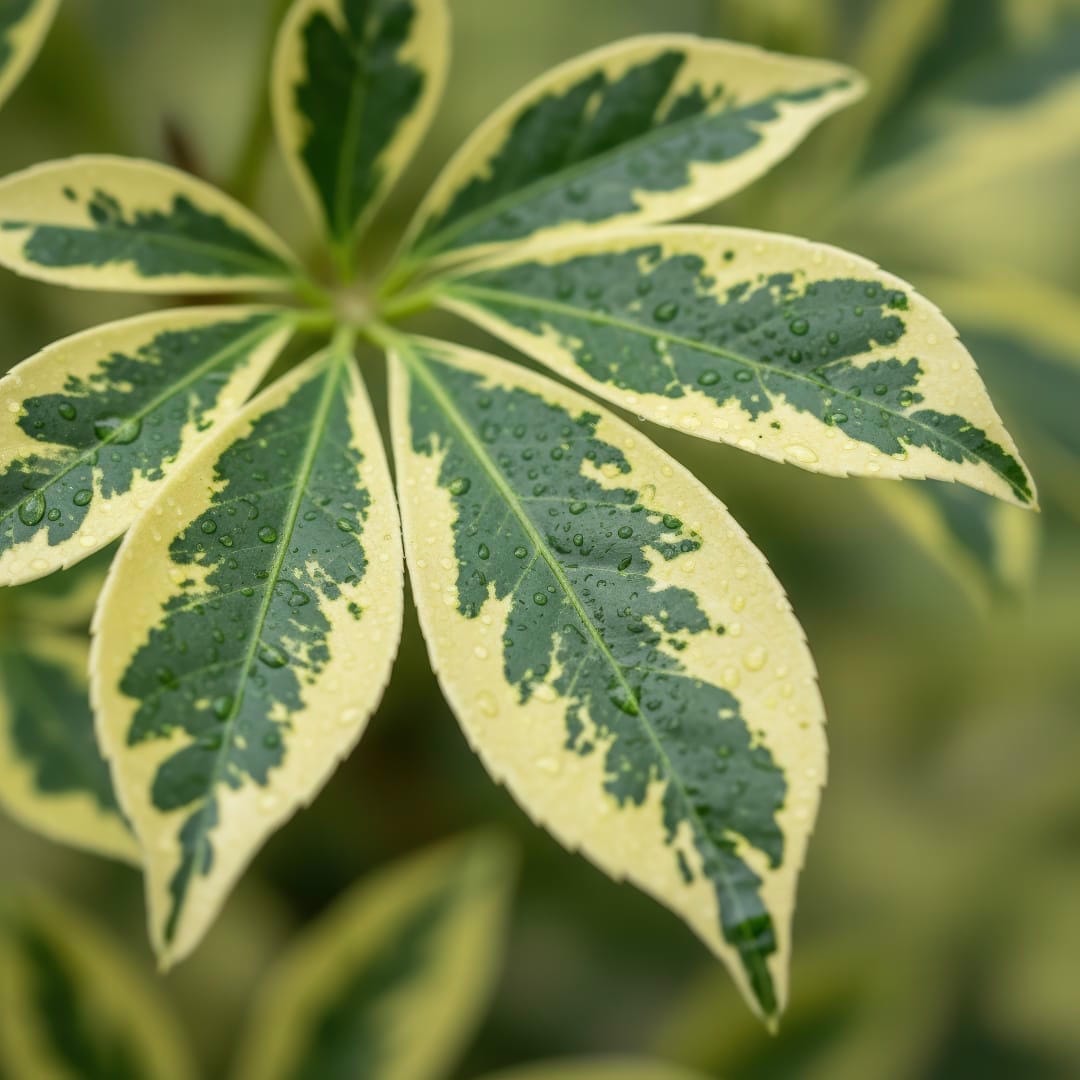 A close-up of a variegated Umbrella Plant leaf with beautiful cream and green patterns.