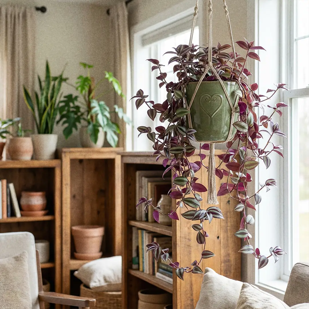 A full Wandering Dude trailing from a green hanging pot with a heart motif in a bright room, paired with warm wood shelving and upright plants.