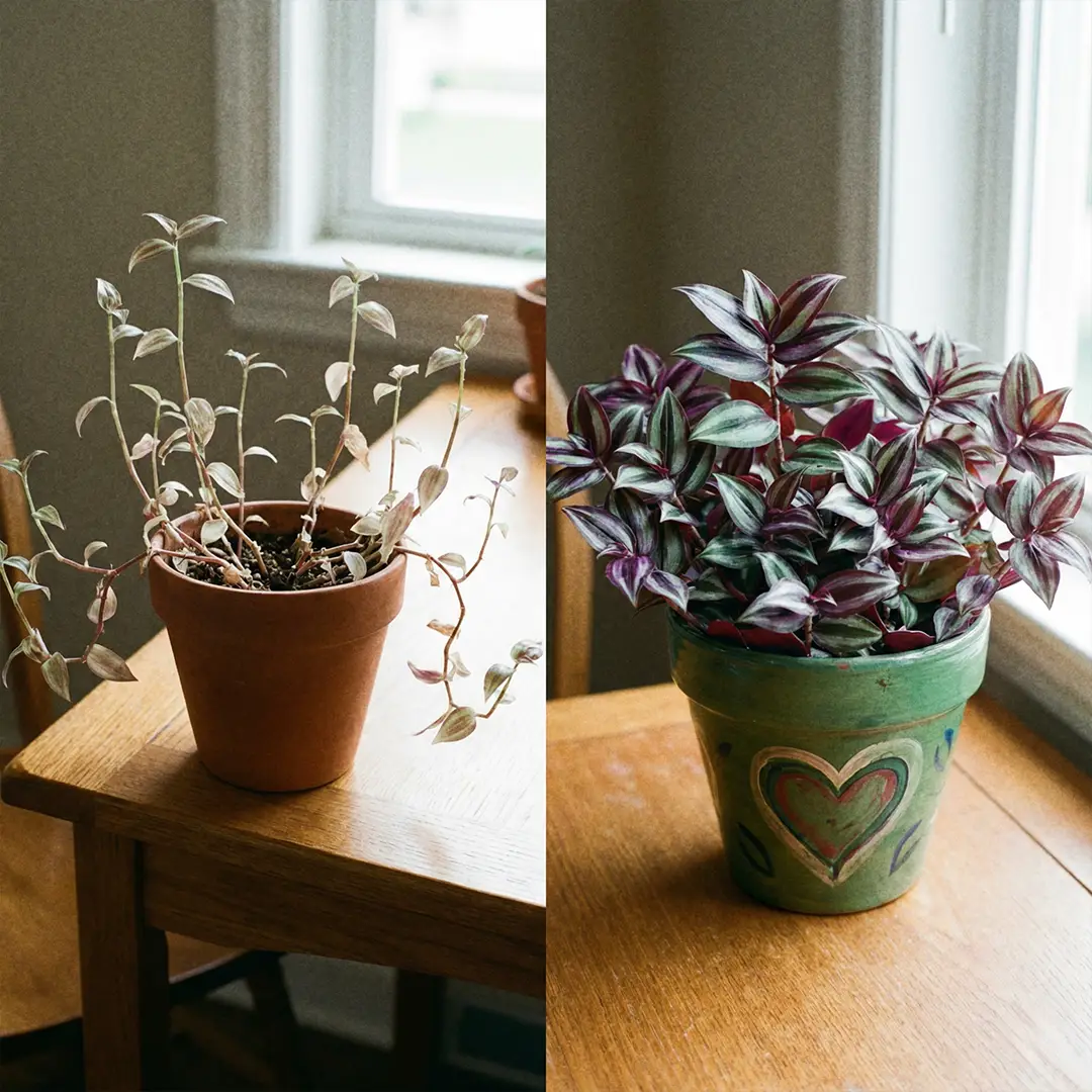 Side-by-side comparison of a leggy pale Wandering Dude and a compact colorful Wandering Dude, showing how light and pruning change growth.