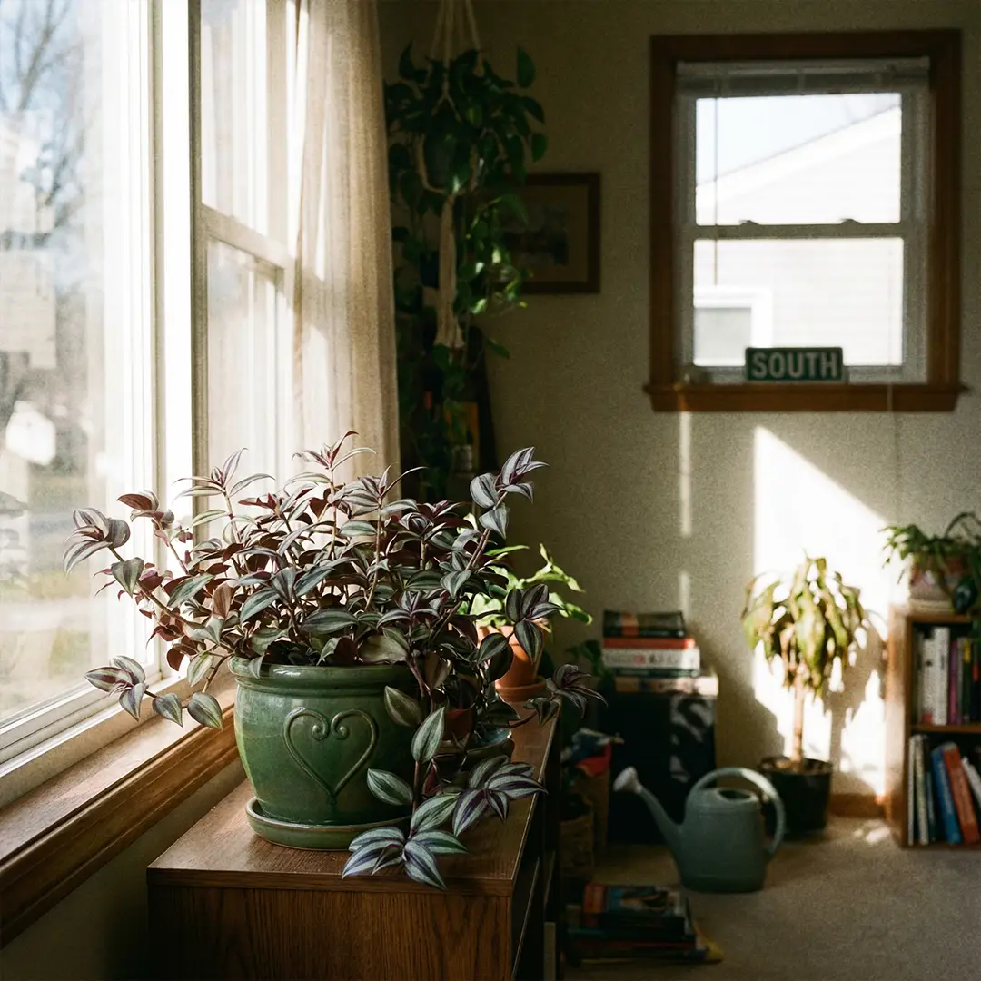 Plant-specific light guide for Wandering Dude showing ideal placement in bright indirect light with gentle morning sun and avoidance of harsh afternoon rays.