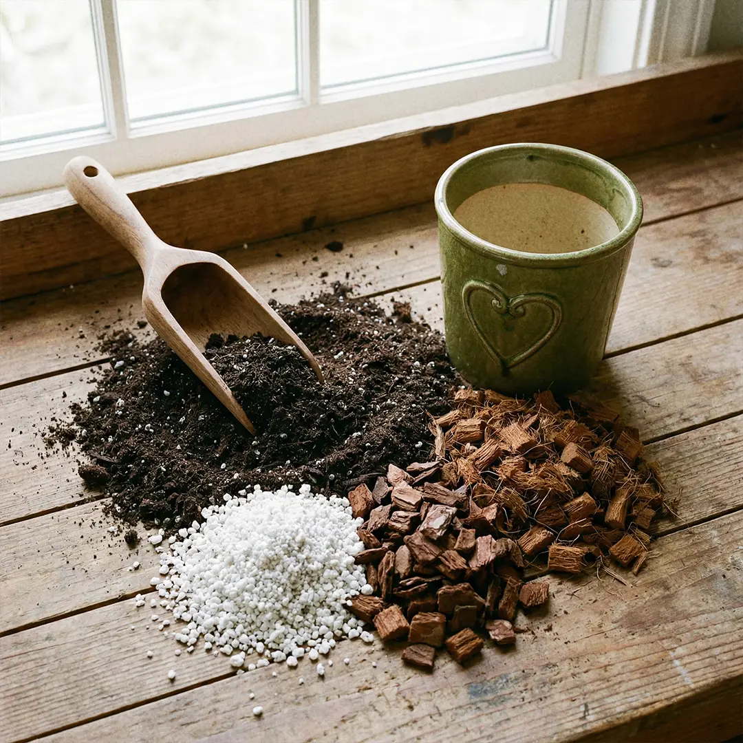 Ingredients for an ideal Wandering Dude potting mix including indoor soil, perlite, orchid bark, and a small scoop beside a green heart-motif pot.