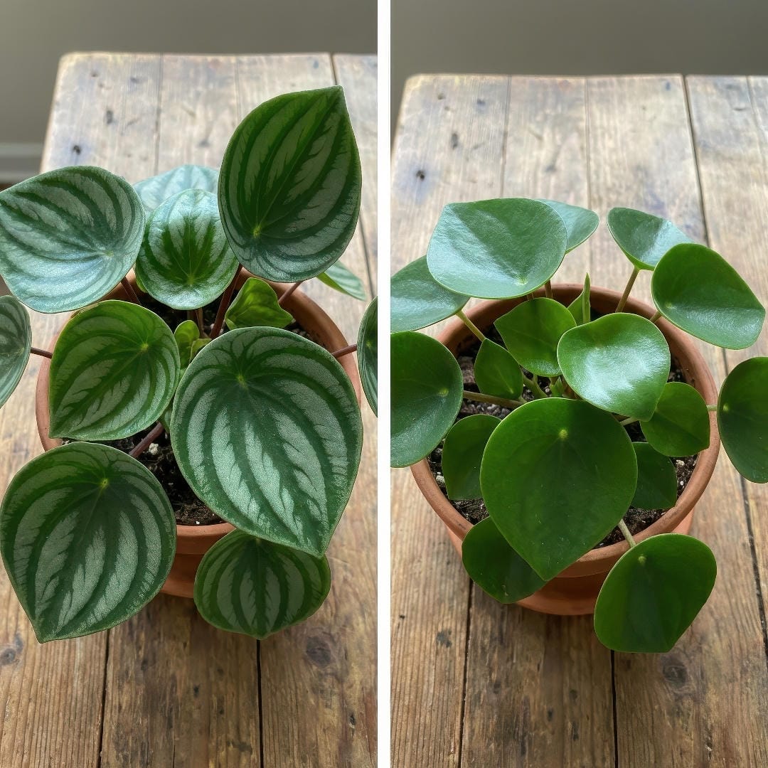 Comparison of Watermelon Peperomia with another rounded peperomia showing striped leaves and different leaf shapes.