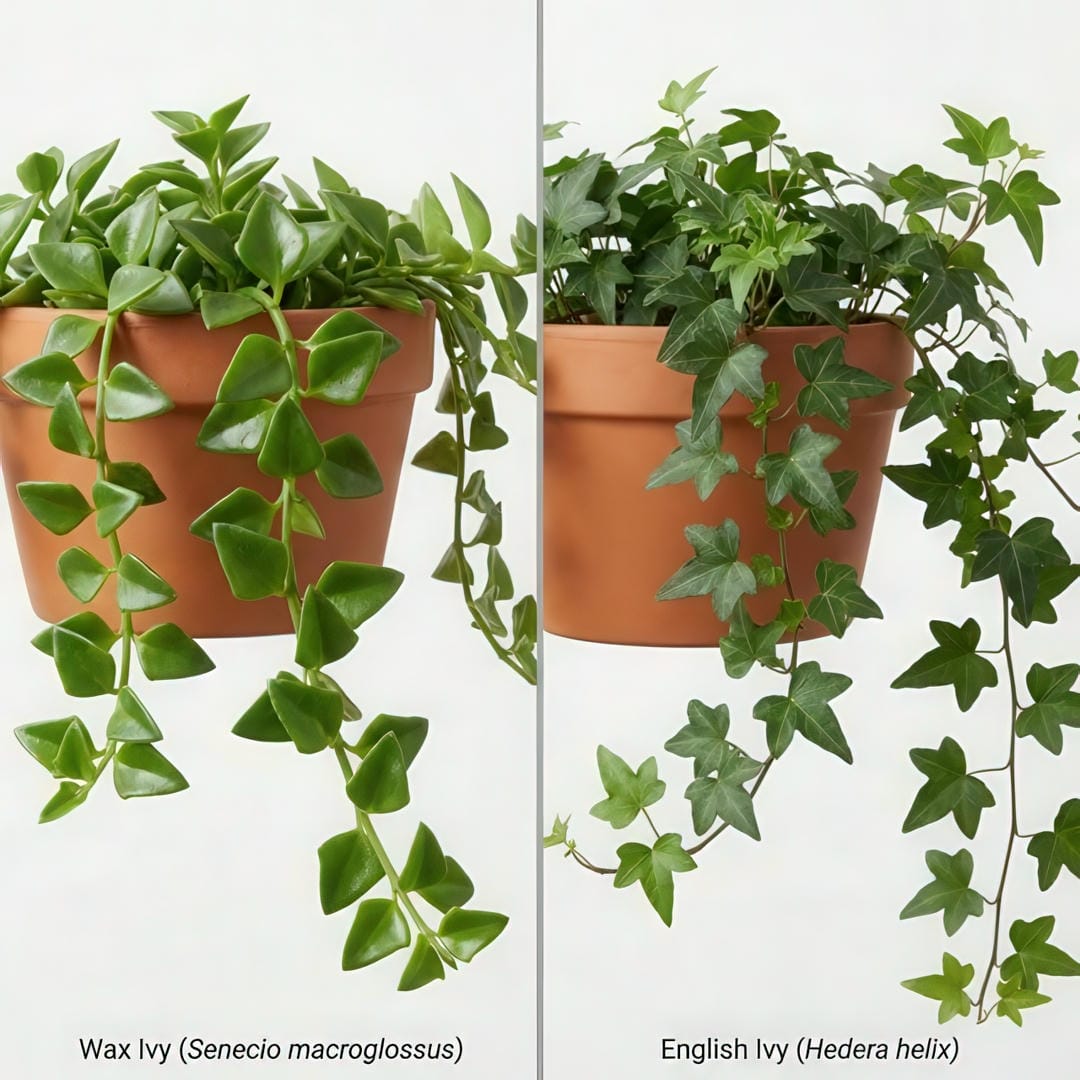 Wax Ivy compared to English Ivy showing the difference in leaf thickness