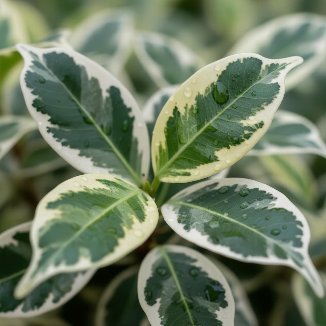 A close-up of a variegated Weeping Fig's leaves