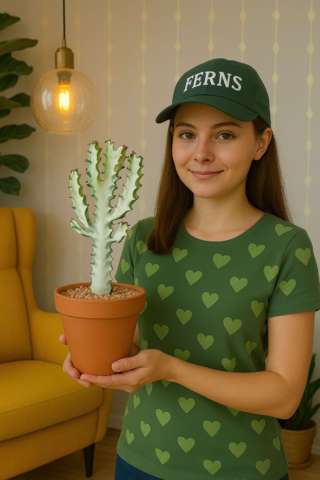 Anastasia Remeslo holding a healthy Euphorbia lactea 'White Ghost' cactus in a terracotta pot.