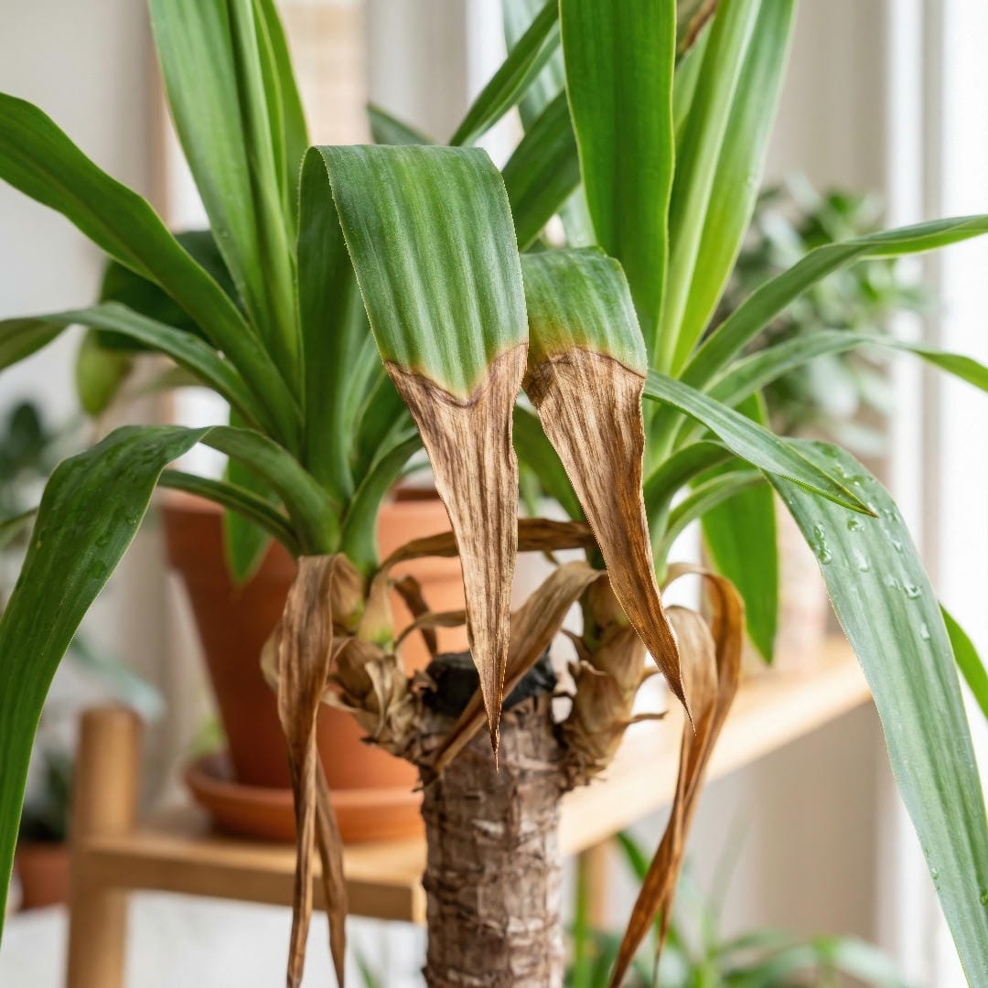 Yucca Cane leaves with browned, crispy tips caused by stress, salts, or inconsistent watering.