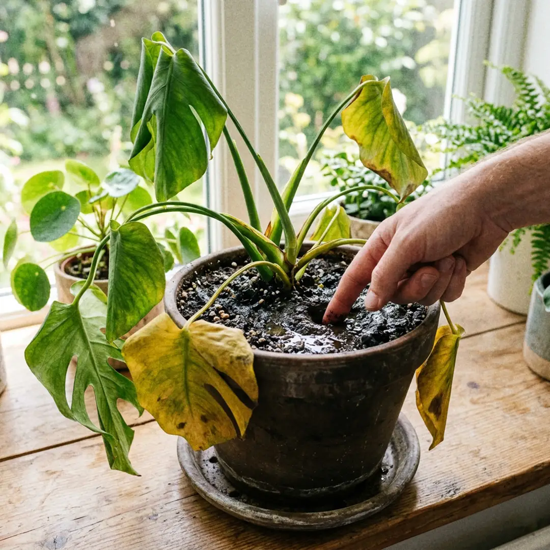 An overwatered houseplant with soggy dark soil, wilting despite wet conditions, with soft yellowing lower leaves.