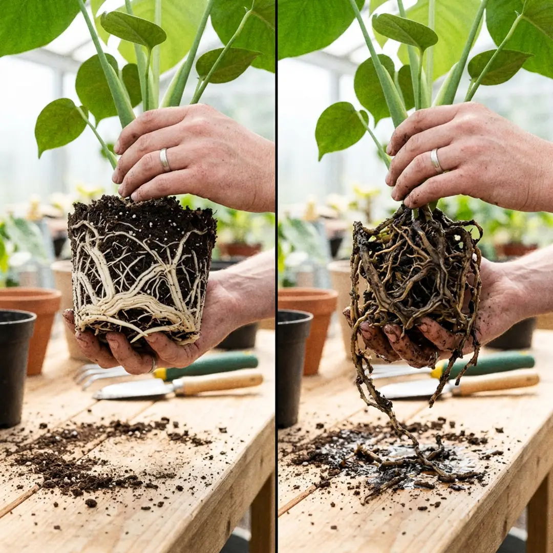 A close-up comparison of healthy plant roots (white and firm) versus root rot (brown, black, and mushy).