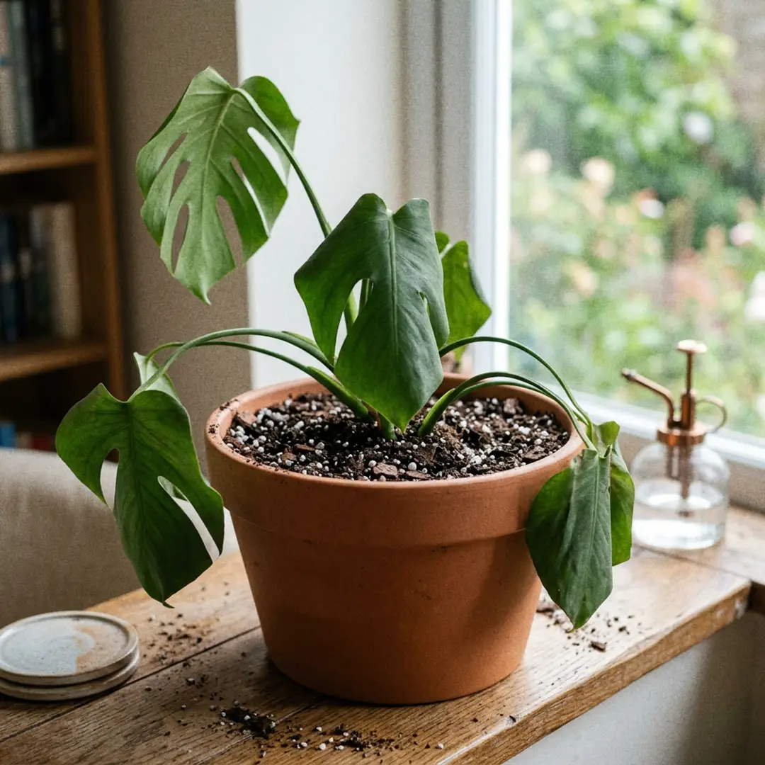 A freshly repotted houseplant with drooping leaves showing signs of transplant shock in a new pot with fresh soil.