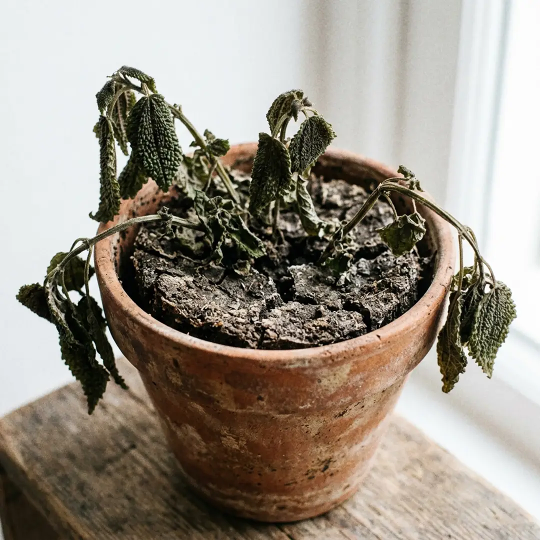 A severely underwatered plant in a terracotta pot with dry, cracked soil and drooping, curling leaves.