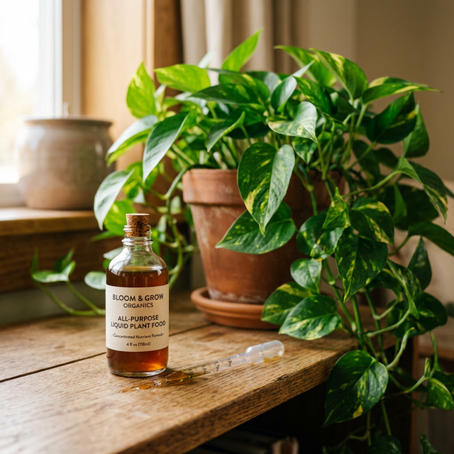 A bottle of liquid plant fertilizer sitting next to a glass measuring dropper and a lush Pothos plant.