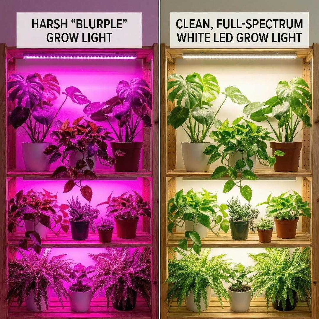 A side-by-side comparison showing plants under harsh purple blurple light (left) versus natural-looking full-spectrum white LED light (right).