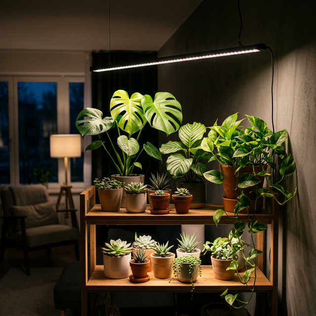 A sleek, modern LED grow light illuminating a collection of lush tropical plants on a wooden shelf.