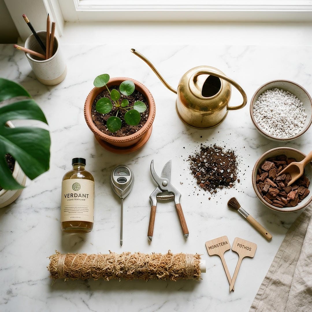 Essential houseplant tools arranged on a shelf