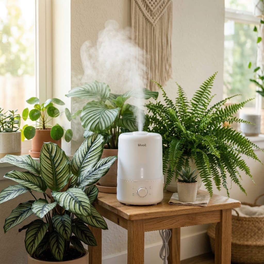 A sleek, white cool-mist humidifier gently releasing vapor among a collection of leafy Calatheas and ferns.