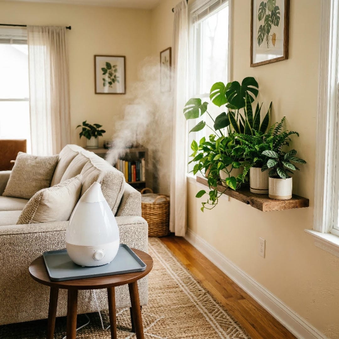 A humidifier placed on a side table with its mist dispersing upward, with tropical plants grouped on a shelf a few feet away.