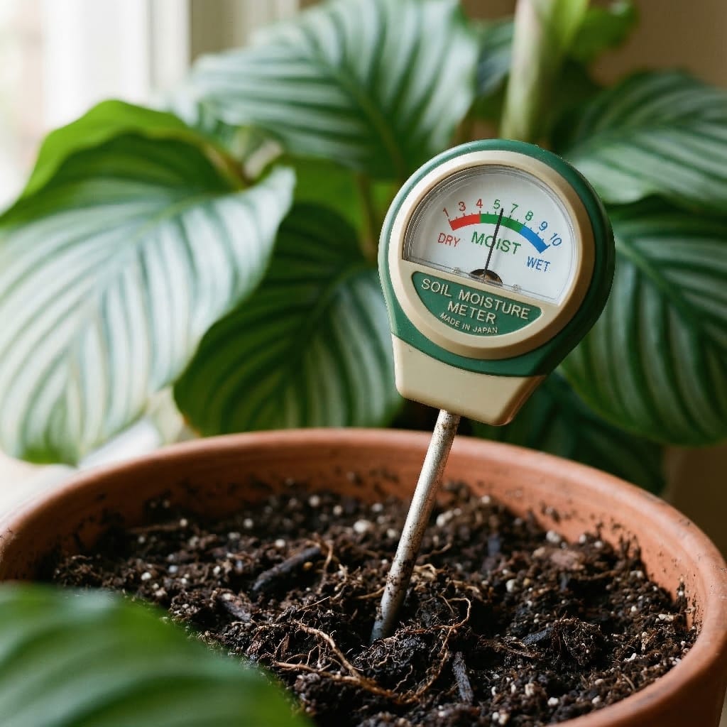 A classic pronged soil moisture meter inserted into the dark soil of a potted Calathea, with the dial pointing clearly to the green 'Moist' zone.
