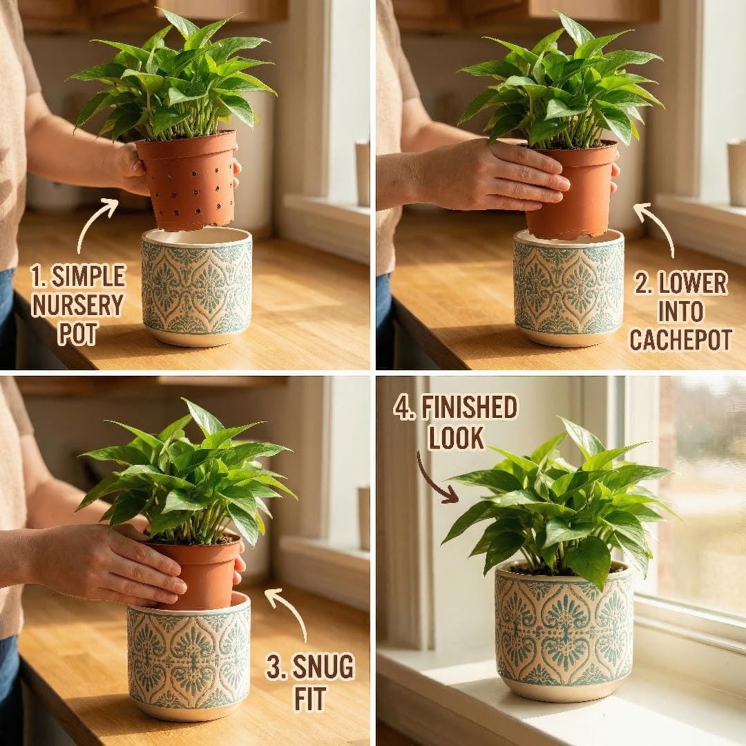 Hands sliding a plant in a plastic nursery pot into a decorative ceramic cache pot without drainage.