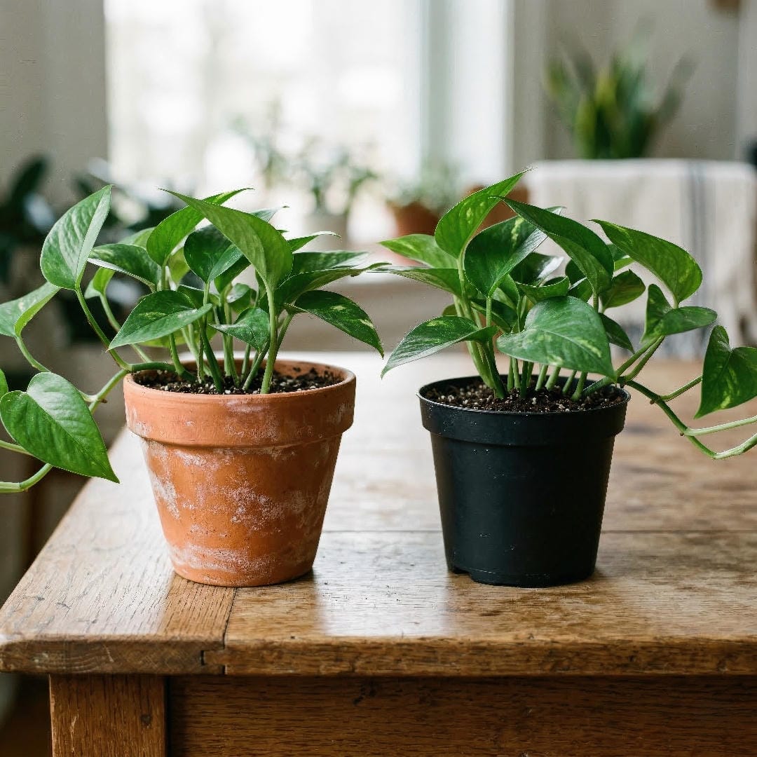 A side-by-side comparison of a terracotta pot and a black plastic nursery pot, each containing a Pothos plant.
