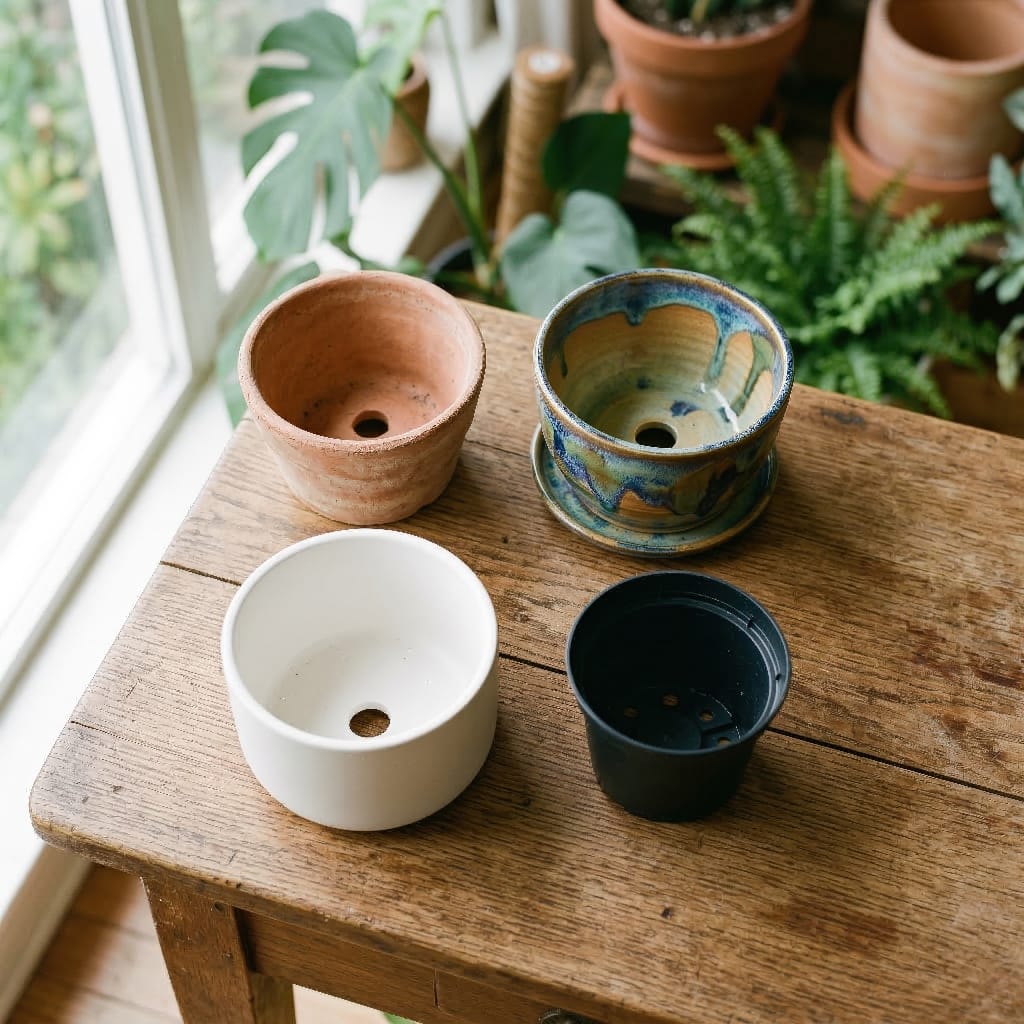 A beautifully curated selection of empty plant pots showcasing unglazed terracotta, sleek modern ceramics, and simple plastic nursery pots.
