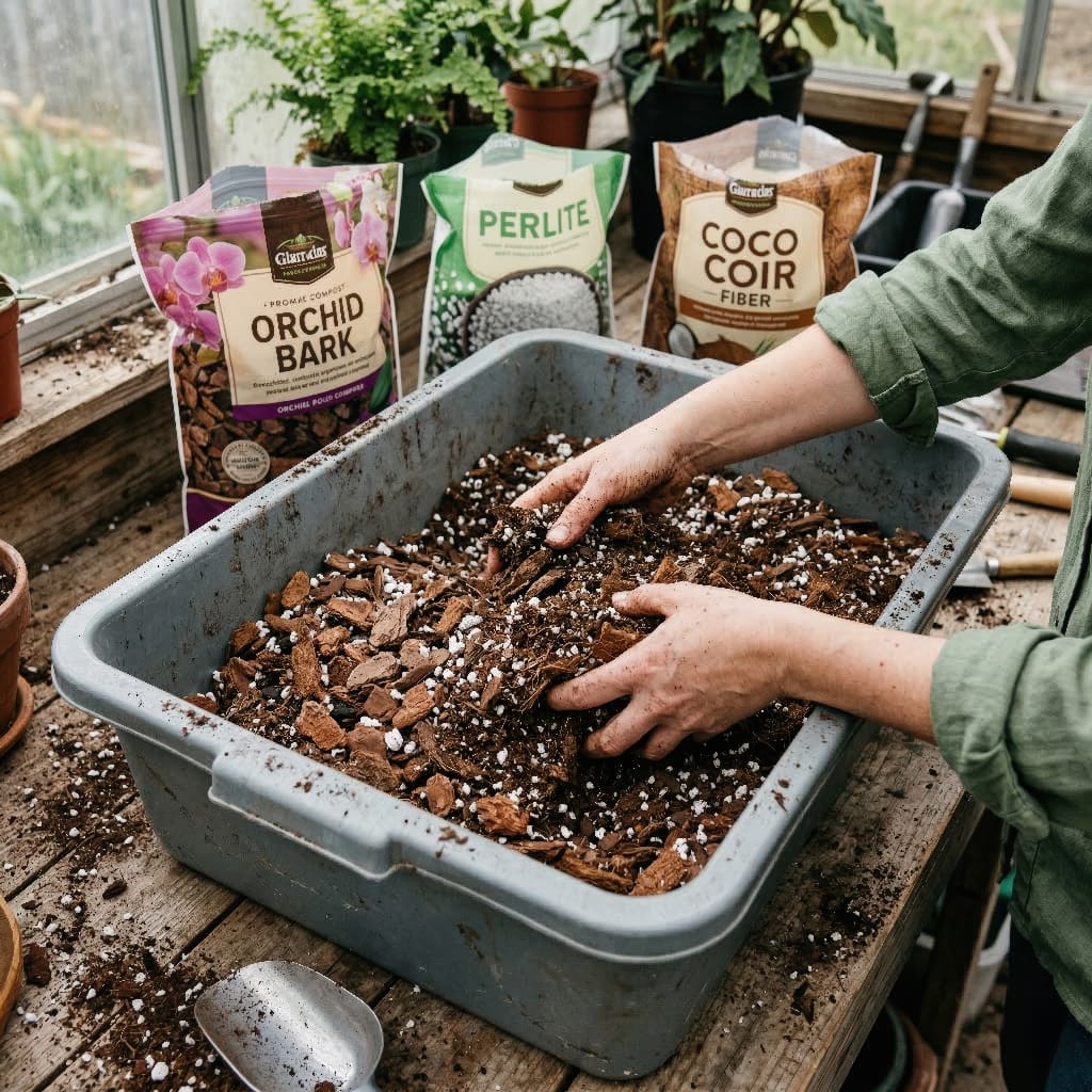 Two hands mixing a chunky, airy potting soil containing large pieces of orchid bark, white perlite, and dark coco coir.