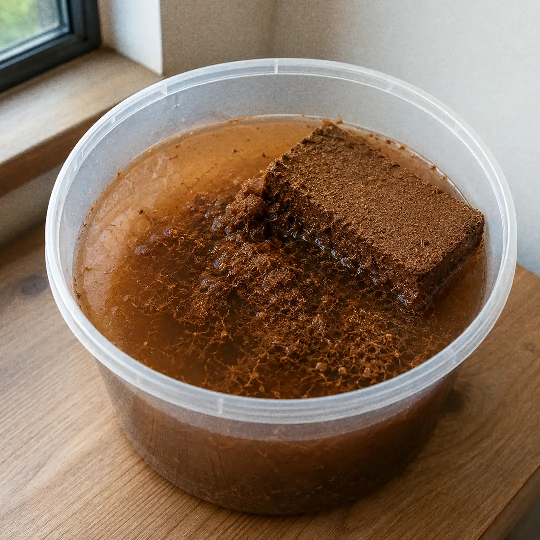 A compressed coco coir brick expanding in a bucket of water, the water gone cloudy and tea-colored from the first rinse.